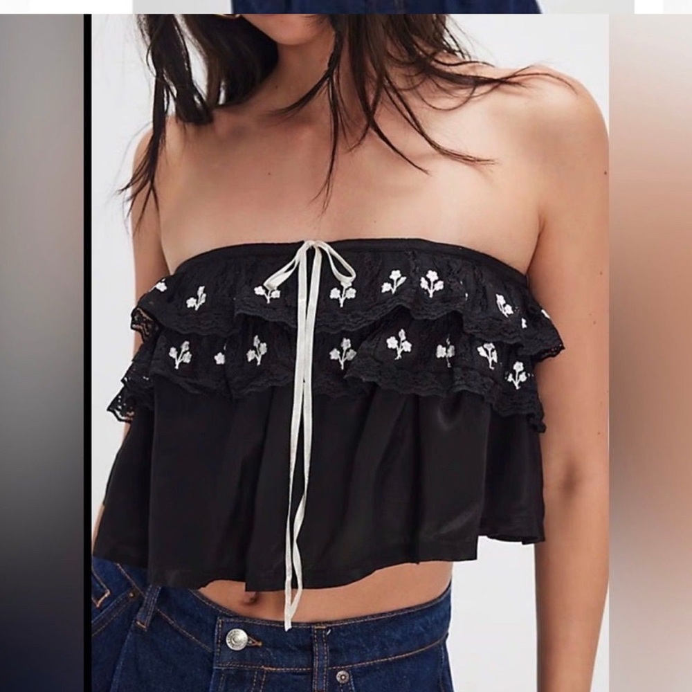 Free People Black Strapless Crop Top with White Embroidery